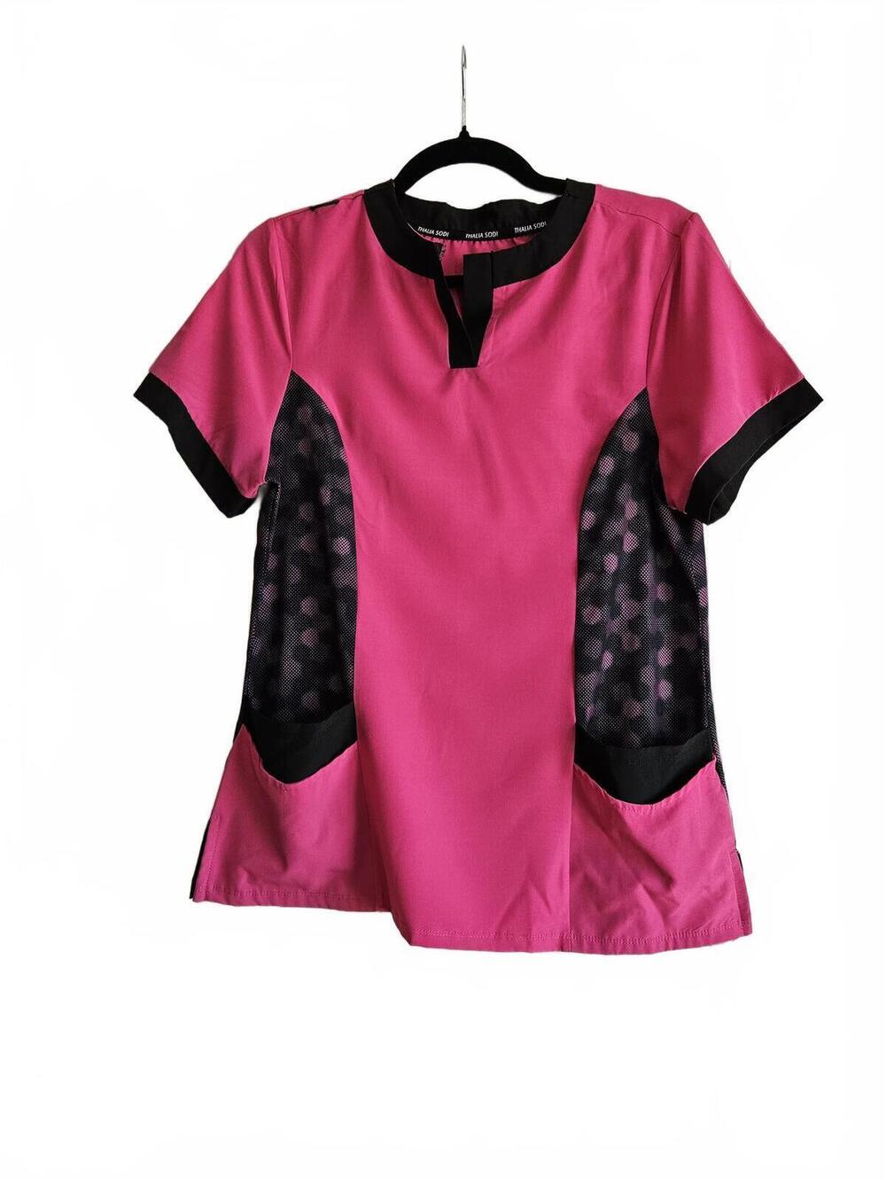 Thalia Sodi Pink and Black Short Sleeve Top with Polka Dot Mesh Panels, Size M